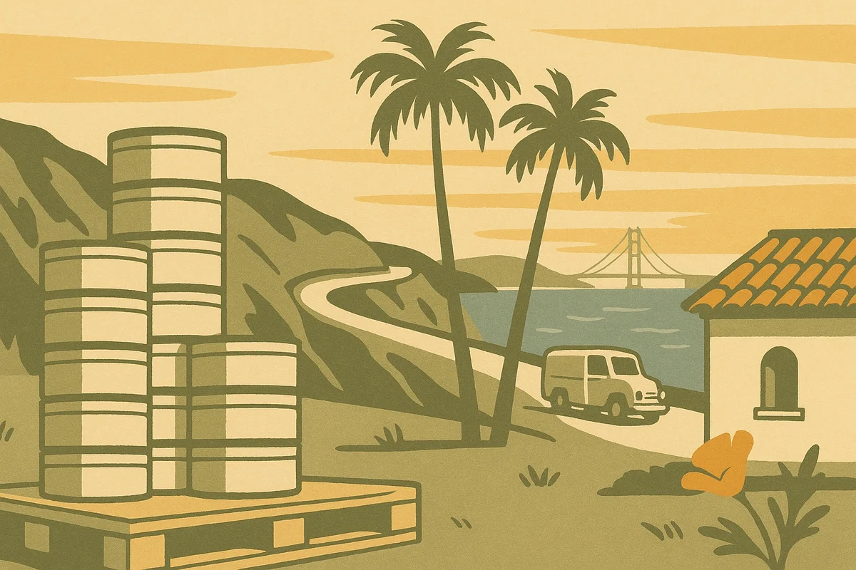 California coastal scene at golden hour — nicotine pouch cans on a warehouse pallet, Pacific Coast Highway curving past palm trees, Golden Gate Bridge silhouetted at sunset